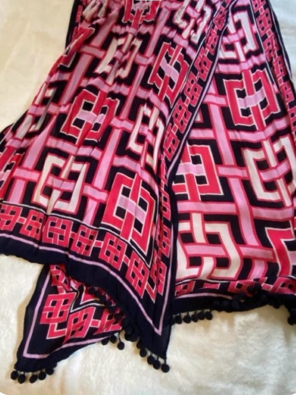 crown and Ivy Pink and Navy Geometric scarf with Pom Trim